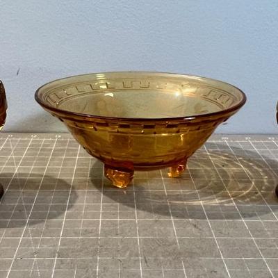 2 Candle Sticks and a Bowl, Amber 