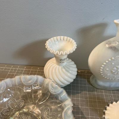 White Milk Glass and Opalescent Lace Edge Bottles, Bowls, Decanter etc. Fenton Jeanette 