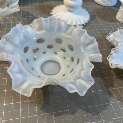White Milk Glass and Opalescent Lace Edge Bottles, Bowls, Decanter etc. Fenton Jeanette 