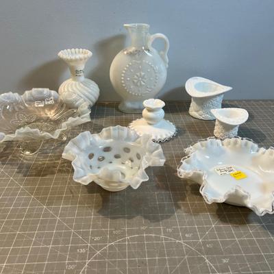 White Milk Glass and Opalescent Lace Edge Bottles, Bowls, Decanter etc. Fenton Jeanette 