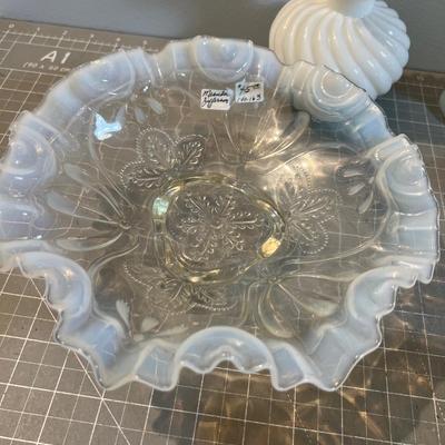 White Milk Glass and Opalescent Lace Edge Bottles, Bowls, Decanter etc. Fenton Jeanette 