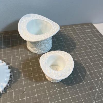 White Milk Glass and Opalescent Lace Edge Bottles, Bowls, Decanter etc. Fenton Jeanette 