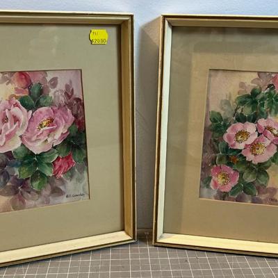 Pair of Water Color Roses, Original, Framed under Glass 