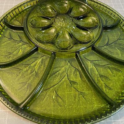 Indiana Glass GREEN Olive, Egg, Hors D'oeuvre Tray 