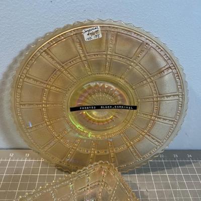 Rare! Imperial Frosted Block Carnival Glass Bowl & Plate. 