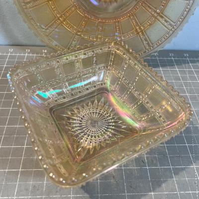 Rare! Imperial Frosted Block Carnival Glass Bowl & Plate. 