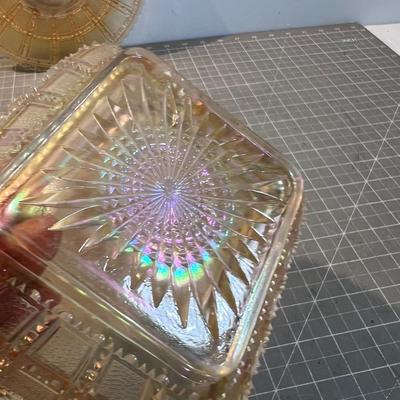 Rare! Imperial Frosted Block Carnival Glass Bowl & Plate. 