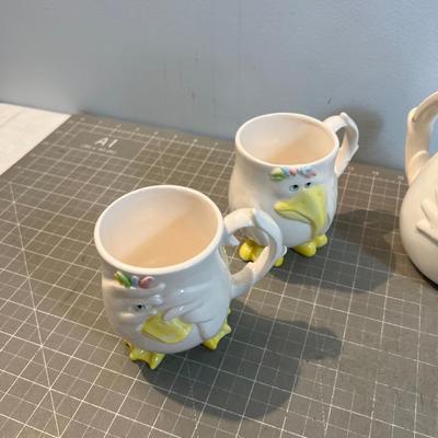 Fitz & Floyd Tea Pot and Cups Goony Bird VINTAGE!