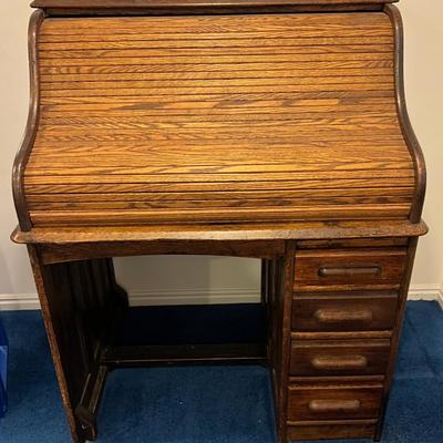 Basement: Small Oak Roll Top Desk 