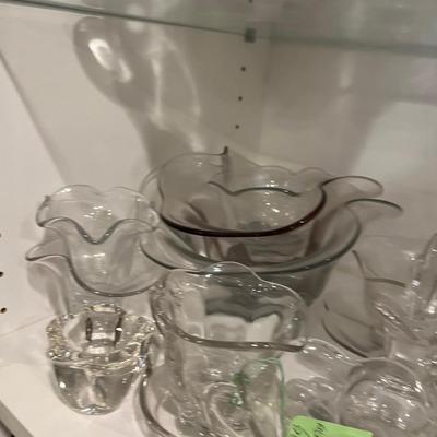 Basement: 3 Shelves of Etched Duncan Miller Glass 