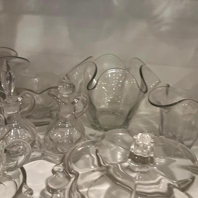 Basement: 3 Shelves of Etched Duncan Miller Glass 