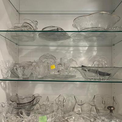 Basement: 3 Shelves of Etched Duncan Miller Glass 