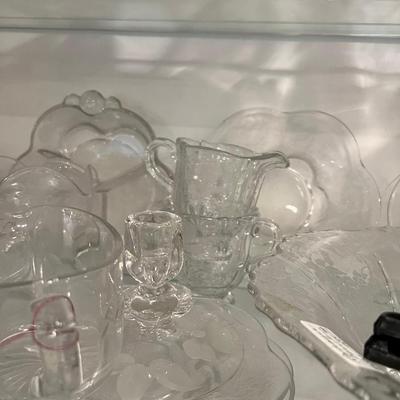 Basement: 3 Shelves of Etched Duncan Miller Glass 