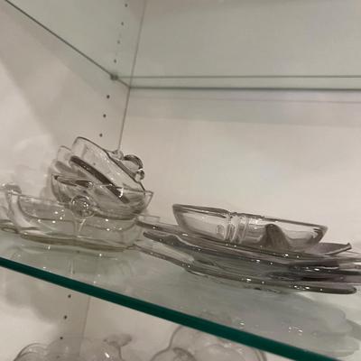 Basement: 3 Shelves of Etched Duncan Miller Glass 