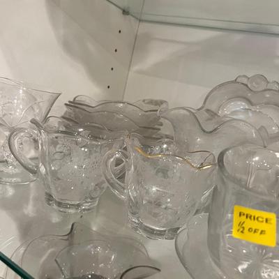 Basement: 3 Shelves of Etched Duncan Miller Glass 