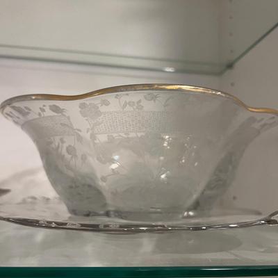 Basement: 3 Shelves of Etched Duncan Miller Glass 