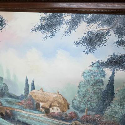 *LOCAL ONLY* - Vintage Ferrante Landscape Painting Framed Cottage Bridge 51x42 Wall Art