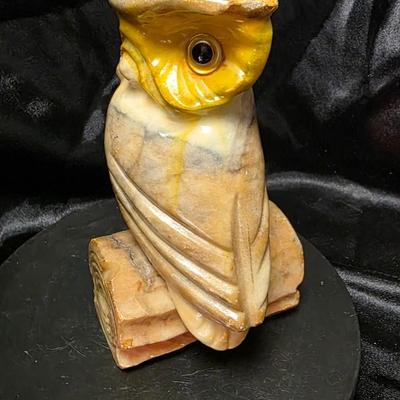 Vintage Hand-Carved Italian Alabaster Owl Figurine with Glass Eyes | Mid-Century Stone Sculpture