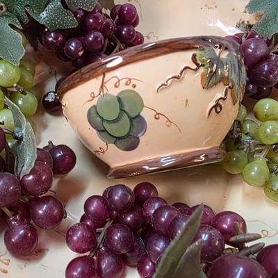 Vintage Pacific Rim Sonoma Hand-Painted Grape & Vine Ceramic Serving Bowl with Center Dip Insert