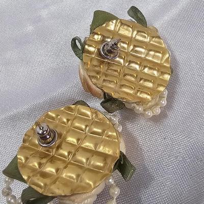 Vintage Handmade Ribbon Rose Earrings with Faux Pearl Accents | Floral Statement Jewelry