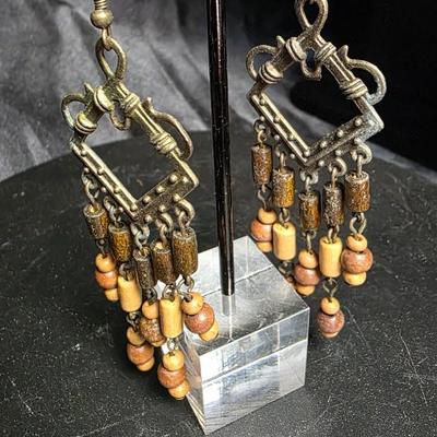 Vintage Boho Chandelier Earrings with Wood Beads & Aged Metal