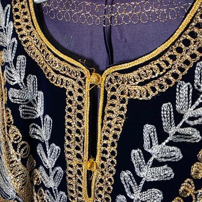 Hand-Embroidered Navy Velvet Kaftan Dress with Gold & Silver Threadwork, Long Formal Evening Gown
