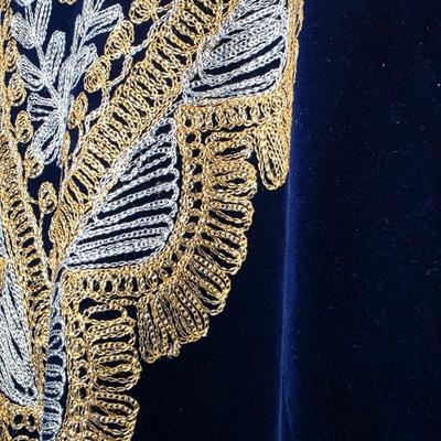 Hand-Embroidered Navy Velvet Kaftan Dress with Gold & Silver Threadwork, Long Formal Evening Gown