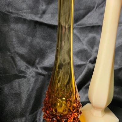 Mid-Century Glass Bud Vase Trio – Amber Hobnail Fenton, Satin Hand Westmoreland, and Emerald Starburst Anchor Hocking Set