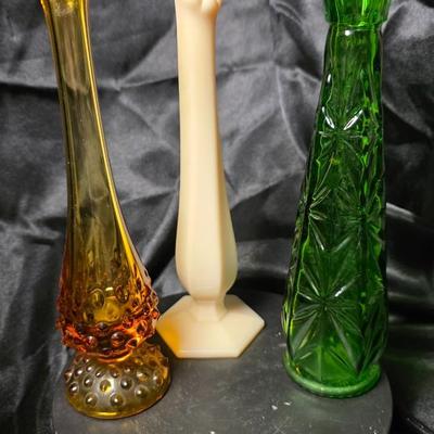 Mid-Century Glass Bud Vase Trio – Amber Hobnail Fenton, Satin Hand Westmoreland, and Emerald Starburst Anchor Hocking Set