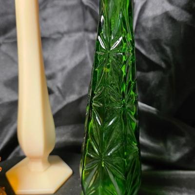 Mid-Century Glass Bud Vase Trio – Amber Hobnail Fenton, Satin Hand Westmoreland, and Emerald Starburst Anchor Hocking Set