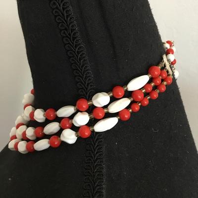Vintage, red and white milk, glass three strand statement necklace