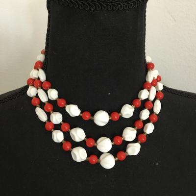 Vintage, red and white milk, glass three strand statement necklace