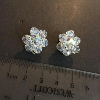 Vintage Aurora Borealis crystal flower clip on earrings