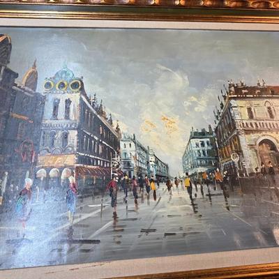 Large Original Paris Street Scene Oil Painting, Signed “Tritti” – Framed European Cityscape, 56” x 32”
