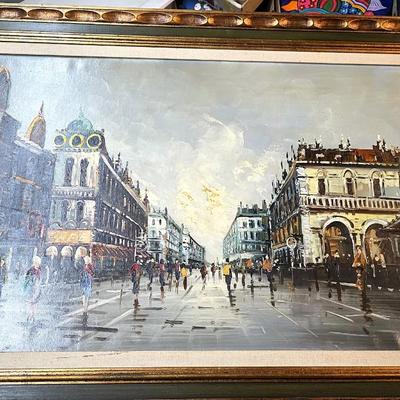 Large Original Paris Street Scene Oil Painting, Signed “Tritti” – Framed European Cityscape, 56” x 32”
