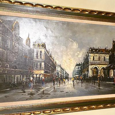 Large Original Paris Street Scene Oil Painting, Signed “Tritti” – Framed European Cityscape, 56” x 32”