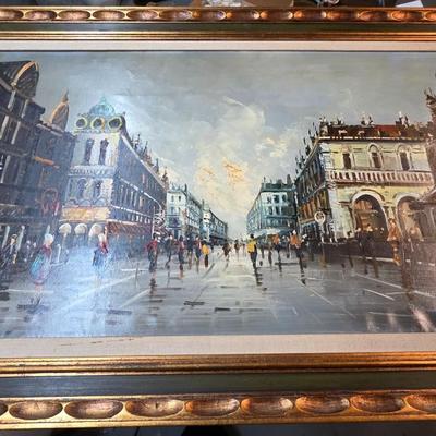 Large Original Paris Street Scene Oil Painting, Signed “Tritti” – Framed European Cityscape, 56” x 32”
