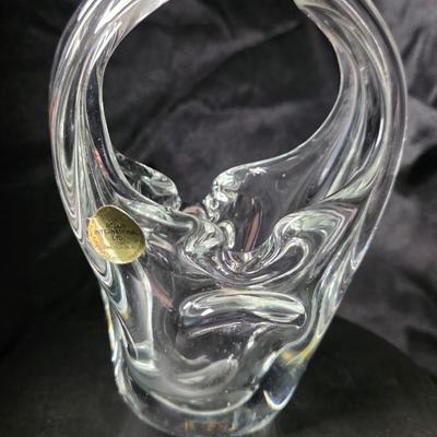 Vintage Hand-Blown Art Glass Basket Vase with Split Handle – Mid-Century Modern Clear Crystal