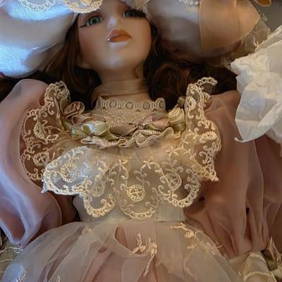 Vintage Victorian-Style Porcelain Doll in Pink Lace Dress and Bonnet