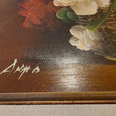 Vintage “Angra” Signed Floral Basket Oil Painting – Heavy Impasto Still Life in Gilt Frame (c. 1960s–1980s)