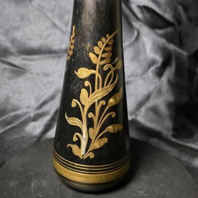 Vintage Black & Gold Hand-Etched Brass Vase – Indian Floral Motif