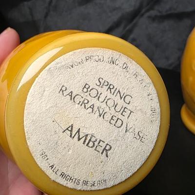 Pair of Vintage Avon “Spring Bouquet” Amber Milk Glass Fragranced Vases – 1981 Collectible Set