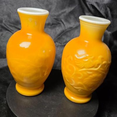 Pair of Vintage Avon “Spring Bouquet” Amber Milk Glass Fragranced Vases – 1981 Collectible Set