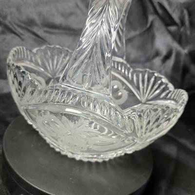 Vintage Clear Cut Glass Handled Basket with Etched Fruit & Leaf Motif – Scalloped Rim Brides Basket