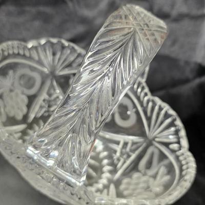 Vintage Clear Cut Glass Handled Basket with Etched Fruit & Leaf Motif – Scalloped Rim Brides Basket
