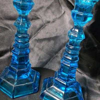 Pair of Fostoria “Henry Ford Museum” Copper Blue Argus Candlesticks – Mid-Century Glass Art Pair