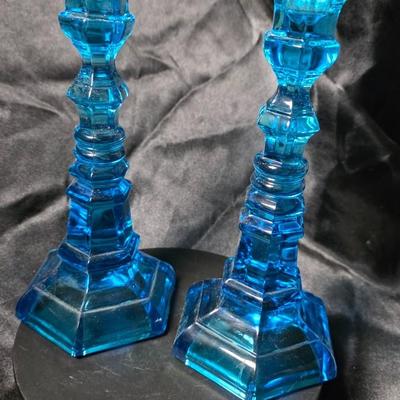 Pair of Fostoria “Henry Ford Museum” Copper Blue Argus Candlesticks – Mid-Century Glass Art Pair