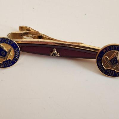 Sale Photo Thumbnail #310: This lot is for a Vintage Masonic Clasp and Membership Pins.  The clasp is marked Spiedel on the reverse. The pins mark the milestones of 50 and 60 years of membership.  Great items for those in the lodge.