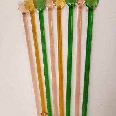 Sale Photo Thumbnail #336: This lot is for a Set of 8 Glass Cocktail Stirrers.  This colorful set contains stirrers in green, pink and orange. Great for so many purposes - especially stirring that 5PM cocktail.