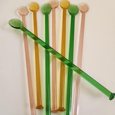 Sale Photo Thumbnail #339: This lot is for a Set of 8 Glass Cocktail Stirrers.  This colorful set contains stirrers in green, pink and orange. Great for so many purposes - especially stirring that 5PM cocktail.
